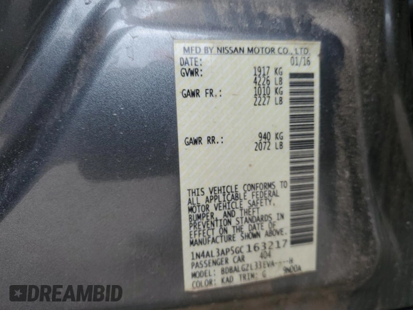 2016 Nissan Altima S with VIN 1N4AL3AP5GC163217, listed as a Copart auction lot 47886185 with 69,809 mi miles and Salvage title. Bid and sale history available at DreamBid. Image 14.