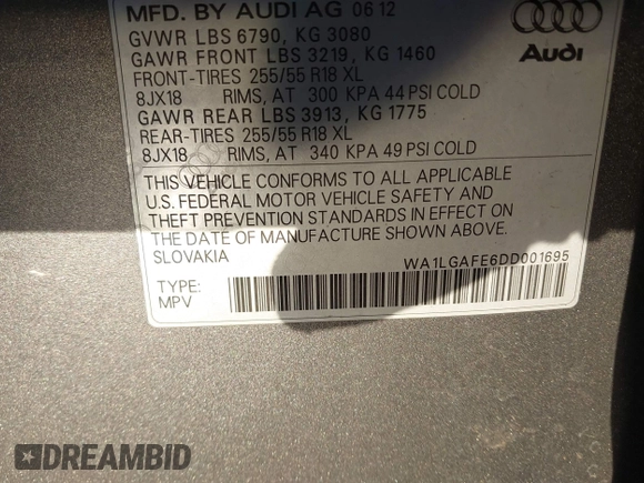 2013 Audi Q7 3.0T Premium Plus with VIN WA1LGAFE6DD001695, listed as a IAAI auction lot 41305081 with 132,912 mi miles. Bid and sale history available at carsss.com. Image 9.
