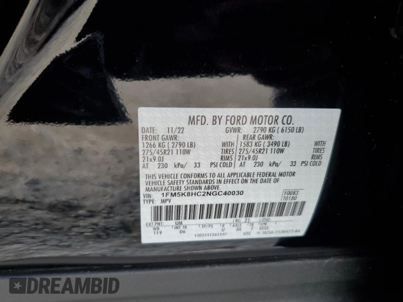 2022 Ford Explorer Platinum with VIN 1FM5K8HC2NGC40030, listed as a Copart auction lot 87721015 with 23,625 mi miles and Salvage Title. Bid and sale history available at carsss.com. Image 13.