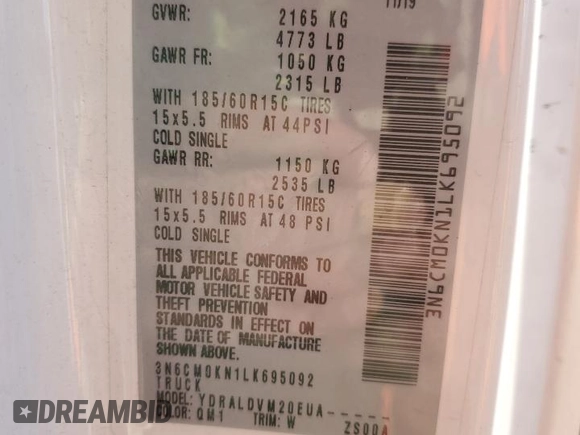 2020 Nissan NV200 SV with VIN 3N6CM0KN1LK695092, listed as a Copart auction lot 88331605 with Not provided miles and Salvage title. Bid and sale history available at DreamBid. Image 13.