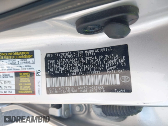 2012 Toyota Camry L with VIN 4T1BF1FK3CU022699, listed as a IAAI auction lot 41986356 with 129,926 mi miles. Bid and sale history available at carsss.com. Image 9.
