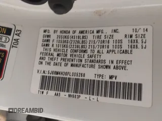 2015 Honda CR-V LX with VIN 5J6RM4H36FL005268, listed as a IAAI auction lot 42101431 with 179,411 mi miles and . Bid and sale history available at carsss.com. Image 9.