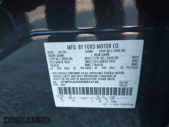 2024 Ford Edge SE with VIN 2FMPK4G99RBB24148, listed as a IAAI auction lot 41694102 with 16,016 mi miles and . Bid and sale history available at DreamBid. Image 9.