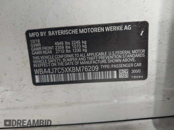 2019 BMW 4 Series 440i xDrive with VIN WBA4J7C5XKBM76209, listed as a IAAI auction lot 42071170 with 62,460 mi miles and . Bid and sale history available at carsss.com. Image 9.