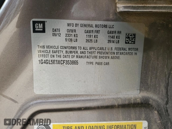 2012 Buick LaCrosse Leather with VIN 1G4GL5E3XCF353865, listed as a Copart auction lot 50030875 with 192,209 mi miles and Salvage Title. Bid and sale history available at carsss.com. Image 14.
