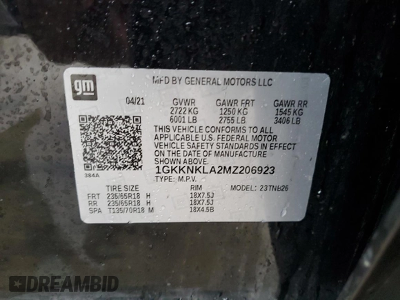 2021 GMC Acadia SLE with VIN 1GKKNKLA2MZ206923, listed as a Copart auction lot 86561514 with Not Provided miles and Clean Title. Bid and sale history available at DreamBid. Image 13.