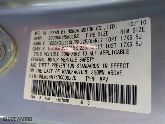 2011 Honda CR-V EX-L with VIN JHLRE4H74BC008270, listed as a IAAI auction lot 41189304 with 268,714 mi miles. Bid and sale history available at carsss.com. Image 9.