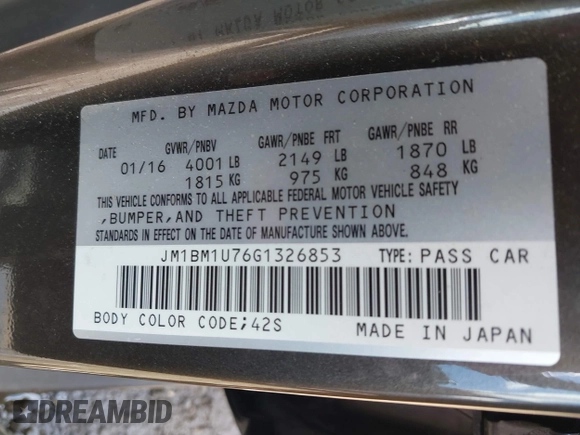 2016 Mazda 3 i Sport with VIN JM1BM1U76G1326853, listed as a IAAI auction lot 42194395 with 73,719 mi miles and . Bid and sale history available at DreamBid. Image 9.