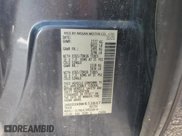 2022 Nissan Frontier SV with VIN 1N6ED1EK8NN633847, listed as a Copart auction lot 60194245 with 78,185 mi miles and Clean title. Bid and sale history available at DreamBid. Image 12.