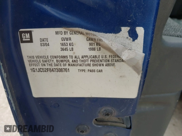 2004 Chevrolet Cavalier with VIN 1G1JC52F847308761, listed as a IAAI auction lot 42430903 with Not provided miles and . Bid and sale history available at DreamBid. Image 9.