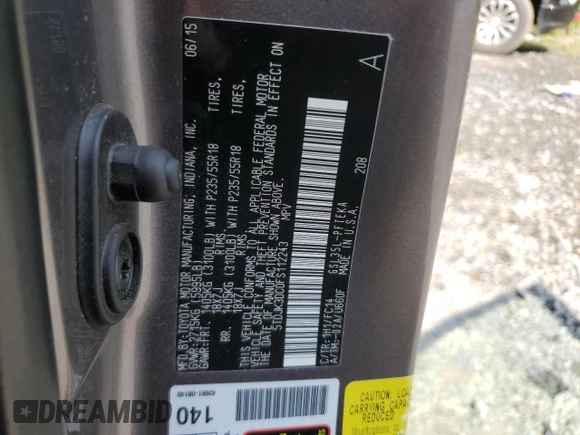 2015 Toyota Sienna LE with VIN 5TDJK3DC0FS112243, listed as a Copart auction lot 61791405 with 86,039 mi miles and Salvage title. Bid and sale history available at DreamBid. Image 14.
