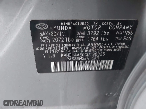 2012 Hyundai Elantra Limited with VIN KMHDH4AE0CU198325, listed as a IAAI auction lot 41938155 with 163,586 mi miles. Bid and sale history available at carsss.com. Image 9.