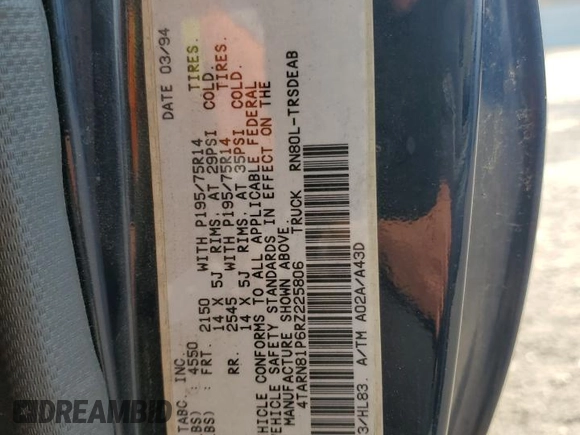 1994 Toyota Pickup DLX z VIN 4TARN81P6RZ225806, wystawiony jako Copart lot #41585065 z przebiegiem 138 719 mil mil oraz Czysty tytuł • Clean title. Historia ofert i sprzedaży dostępna na DreamBid. Obrazek 12.
