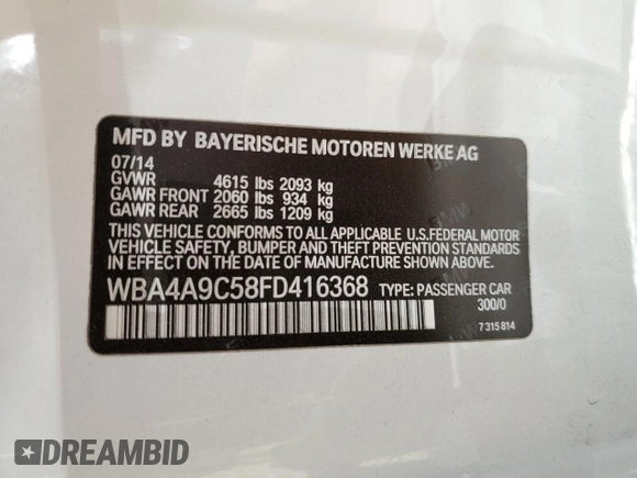 2015 BMW 4 Series 428i with VIN WBA4A9C58FD416368, listed as a Copart auction lot 57611295 with 175,565 mi miles and Clean title. Bid and sale history available at DreamBid. Image 12.