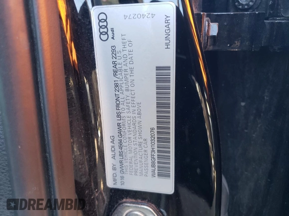 2017 Audi A3 Sedan Premium with VIN WAUB8GFF3H1032076, listed as a Copart auction lot 52862294 with 76,315 mi miles. Bid and sale history available at carsss.com. Image 13.