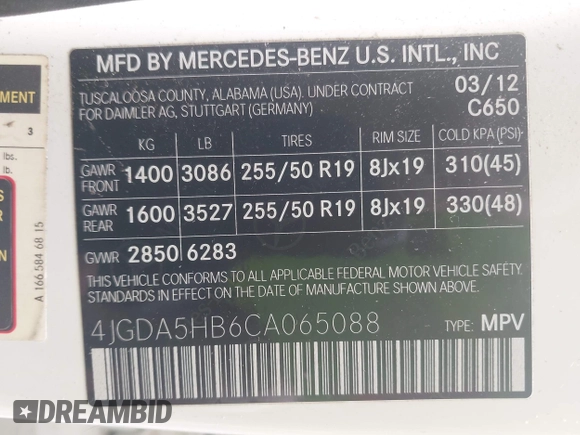 2012 Mercedes-Benz M 350 with VIN 4JGDA5HB6CA065088, listed as a IAAI auction lot 42012318 with 117,727 mi miles and . Bid and sale history available at DreamBid. Image 9.