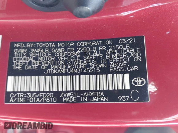 2021 Toyota Prius L Eco with VIN JTDKAMFU4M3145215, listed as a IAAI auction lot 41926274 with 74,220 mi miles. Bid and sale history available at carsss.com. Image 9.