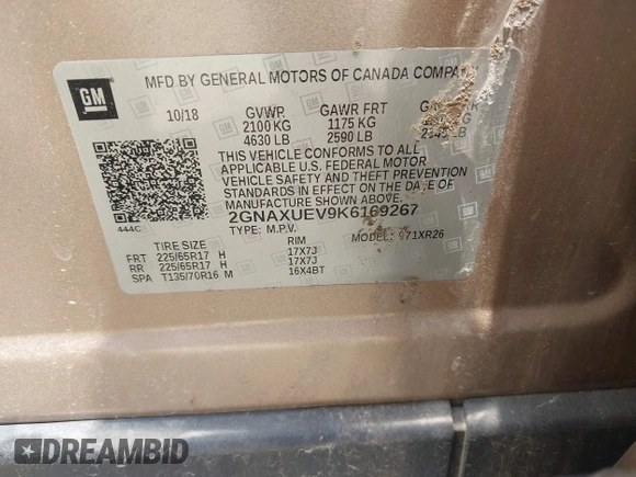 2019 Chevrolet Equinox LT with VIN 2GNAXUEV9K6169267, listed as a IAAI auction lot 42118122 with 106,209 mi miles and . Bid and sale history available at DreamBid. Image 9.