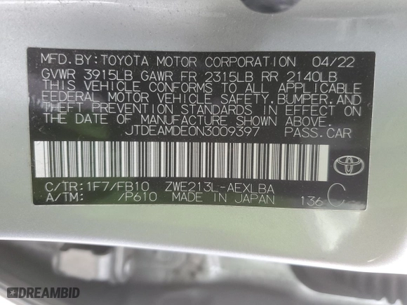 2022 Toyota Corolla Hybrid LE with VIN JTDEAMDE0N3009397, listed as a Copart auction lot 47399435 with NaN miles and Salvage Title. Bid and sale history available at carsss.com. Image 13.
