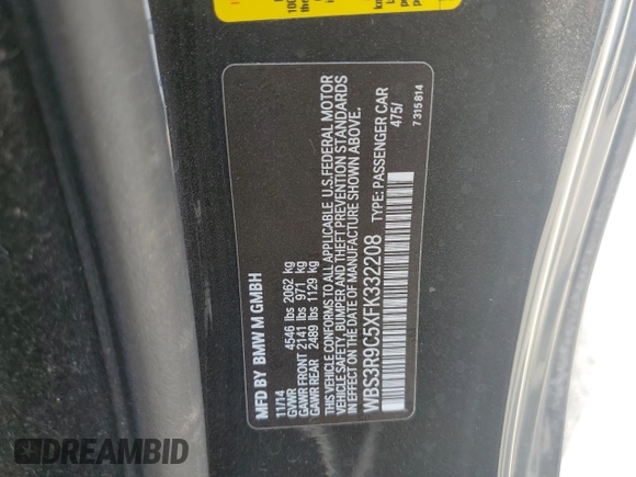 2015 BMW M4 with VIN WBS3R9C5XFK332208, listed as a Copart auction lot 59986204 with 94,316 mi miles and Salvage Title. Bid and sale history available at carsss.com. Image 13.