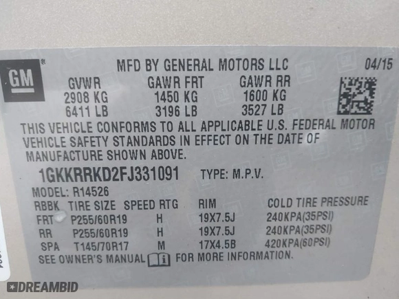 2015 GMC Acadia SLT with VIN 1GKKRRKD2FJ331091, listed as a IAAI auction lot 41434853 with NaN miles. Bid and sale history available at carsss.com. Image 9.