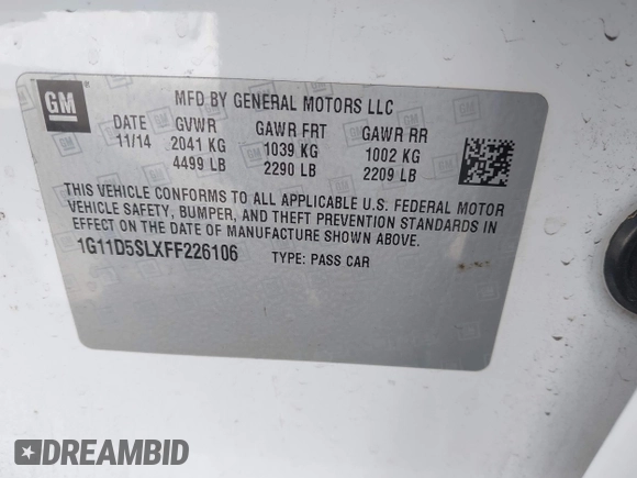 2015 Chevrolet Malibu LT with VIN 1G11D5SLXFF226106, listed as a IAAI auction lot 41978104 with 242,927 mi miles and . Bid and sale history available at DreamBid. Image 9.