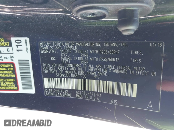 2016 Toyota Sienna LE AAS with VIN 5TDKK3DC1GS697730, listed as a IAAI auction lot 41727769 with 135,469 mi miles. Bid and sale history available at carsss.com. Image 9.