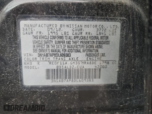 2013 Nissan Sentra SR z VIN 3N1AB7AP8DL609383, wystawiony jako Copart lot #47865835 z przebiegiem Nie podano mil oraz Czysty tytuł • Clean title. Historia ofert i sprzedaży dostępna na DreamBid. Obrazek 12.