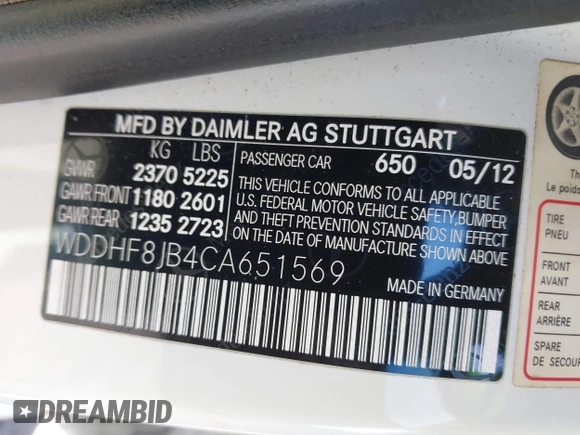 2012 Mercedes-Benz E-Class E 350 Luxury with VIN WDDHF8JB4CA651569, listed as a IAAI auction lot 41769849 with 150,074 mi miles. Bid and sale history available at carsss.com. Image 9.