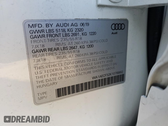 2019 Audi Q3 Premium with VIN WA1AECF32K1078862, listed as a Copart auction lot 69554892 with 38,022 mi miles. Bid and sale history available at carsss.com. Image 13.