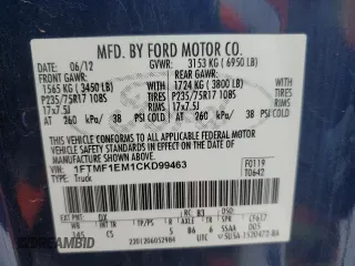 2012 Ford F-150 XL with VIN 1FTMF1EM1CKD99463, listed as a Copart auction lot 83389634 with 73,908 mi miles and Salvage title. Bid and sale history available at DreamBid. Image 12.