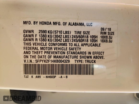 2019 Honda Ridgeline Sport with VIN 5FPYK2F14KB004329, listed as a Copart auction lot 76247454 with 132,291 mi miles and Salvage title. Bid and sale history available at DreamBid. Image 12.