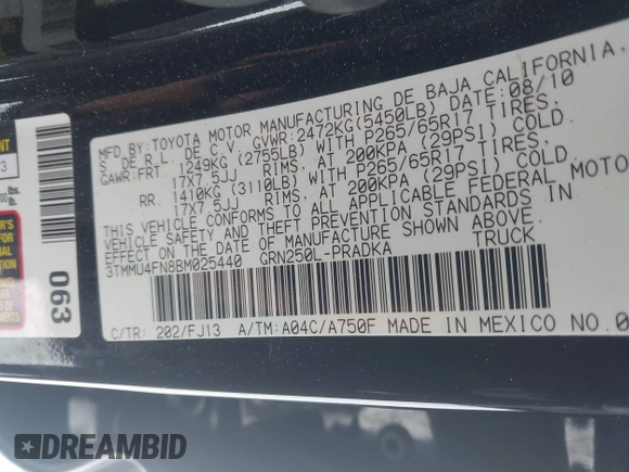 2011 Toyota Tacoma with VIN 3TMMU4FN8BM025440, listed as a IAAI auction lot 41246630 with 137,341 mi miles and . Bid and sale history available at DreamBid. Image 9.