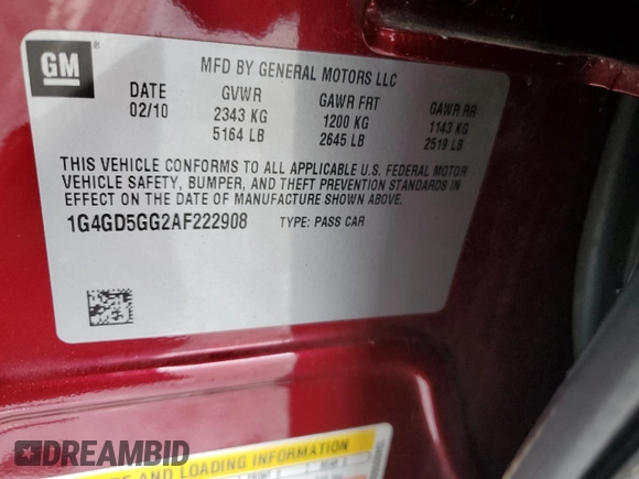2010 Buick LaCrosse z VIN 1G4GD5GG2AF222908, wystawiony jako Copart lot #57989005 z przebiegiem 119 414 mil mil oraz Czysty tytuł • Clean title. Historia ofert i sprzedaży dostępna na DreamBid. Obrazek 12.