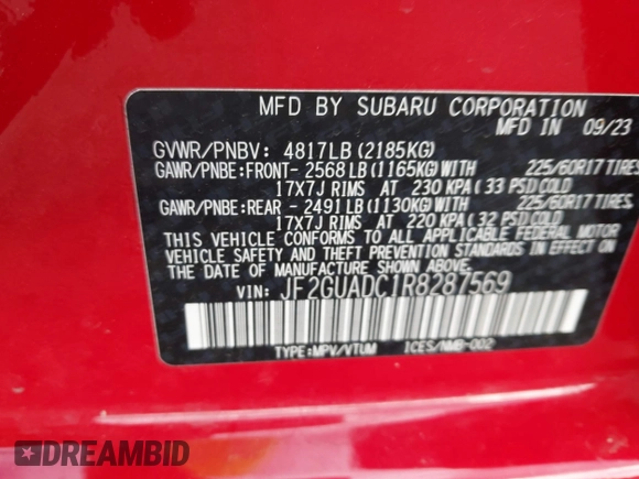 2024 Subaru Crosstrek Premium z VIN JF2GUADC1R8287569, wystawiony jako IAAI lot #42495955 z przebiegiem 18 732 mil mil oraz . Historia ofert i sprzedaży dostępna na DreamBid. Obrazek 9.