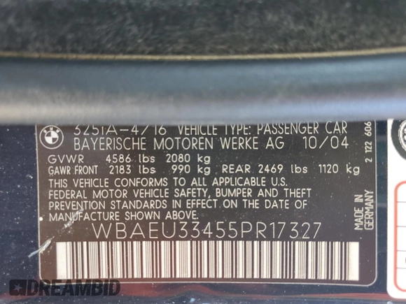 2005 BMW 3 Series 325xi with VIN WBAEU33455PR17327, listed as a Copart auction lot 80073734 with 177,760 mi miles and Salvage Title. Bid and sale history available at carsss.com. Image 12.