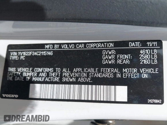 2012 Volvo S60 T5 с VIN YV1622FS4C2115146, выставлен на аукционе IAAI как лот 42216639 с пробегом 95 860 миль миль и . История ставок и продаж доступна на DreamBid. Изображение 9.