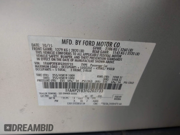 2015 Ford Taurus Limited with VIN 1FAHP2F83FG202733, listed as a IAAI auction lot 42616638 with 146,197 mi miles and . Bid and sale history available at DreamBid. Image 9.