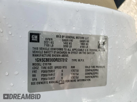 2013 Chevrolet Tahoe LT z VIN 1GNSCBE00DR237312, wystawiony jako Copart lot #48971785 z przebiegiem 211 410 mil mil oraz Szkoda całkowita • Salvage title. Historia ofert i sprzedaży dostępna na DreamBid. Obrazek 13.