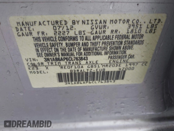 2012 Nissan Sentra S with VIN 3N1AB6AP6CL763843, listed as a IAAI auction lot 41892394 with 150,282 mi miles and . Bid and sale history available at DreamBid. Image 9.