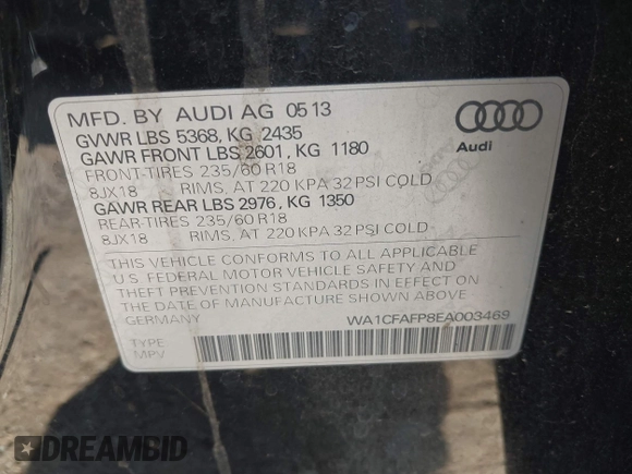 2014 Audi Q5 Premium with VIN WA1CFAFP8EA003469, listed as a IAAI auction lot 42723414 with 213,833 mi miles and . Bid and sale history available at DreamBid. Image 9.