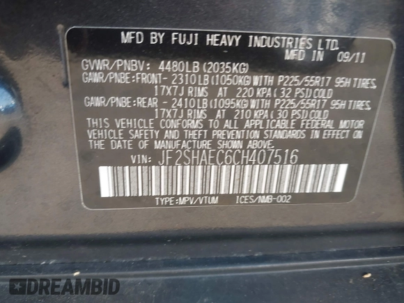 2012 Subaru Forester X Limited with VIN JF2SHAEC6CH407516, listed as a IAAI auction lot 42601278 with 71,624 mi miles and . Bid and sale history available at DreamBid. Image 9.