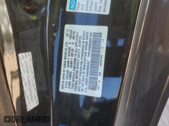 2013 Honda CR-Z with VIN JHMZF1D49DS002427, listed as a Copart auction lot 87719345 with 107,924 mi miles and Salvage title. Bid and sale history available at DreamBid. Image 14.