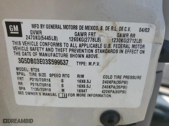 2003 Buick Rendezvous CXL with VIN 3G5DB03E03S599537, listed as a Copart auction lot 70845334 with NaN miles and Salvage Title. Bid and sale history available at carsss.com. Image 13.