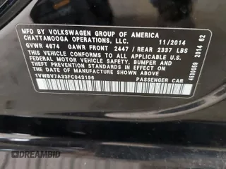 2015 Volkswagen Passat SE with VIN 1VWBV7A33FC043196, listed as a Copart auction lot 56210725 with 136,342 mi miles and Salvage title. Bid and sale history available at DreamBid. Image 12.