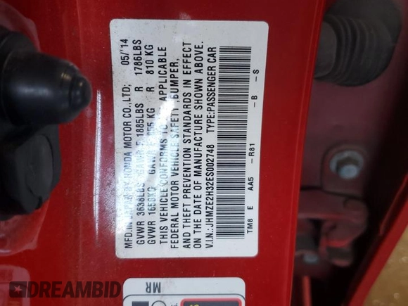2014 Honda Insight with VIN JHMZE2H32ES002748, listed as a Copart auction lot 62126845 with 95,071 mi miles and Salvage title. Bid and sale history available at DreamBid. Image 13.