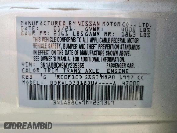 2021 Nissan Sentra SV with VIN 3N1AB8CV9MY239369, listed as a Copart auction lot 56235015 with 50,262 mi miles and Salvage title. Bid and sale history available at DreamBid. Image 12.