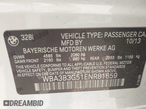 2014 BMW 3 Series 328i xDrive with VIN WBA3B3G51ENR81859, listed as a IAAI auction lot 41828729 with 129,498 mi miles. Bid and sale history available at carsss.com. Image 9.