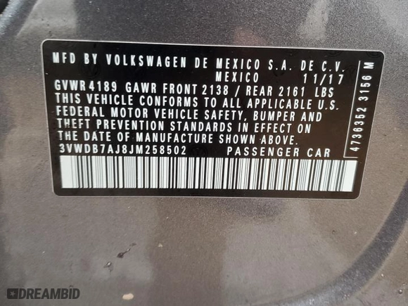 2018 Volkswagen Jetta 1.4T SE with VIN 3VWDB7AJ8JM258502, listed as a Copart auction lot 48209785 with 51,943 mi miles and Salvage Title. Bid and sale history available at carsss.com. Image 12.