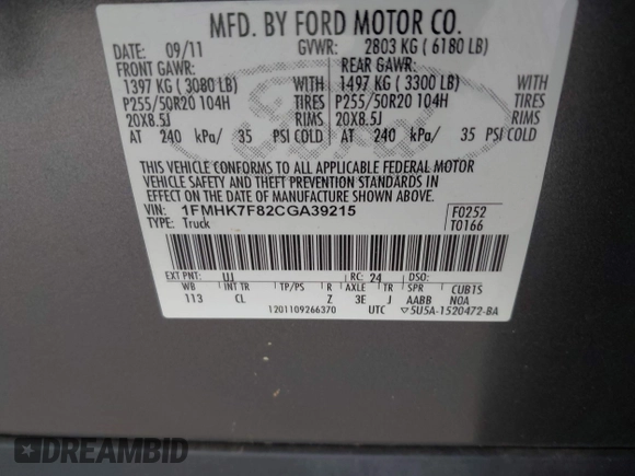 2012 Ford Explorer Limited with VIN 1FMHK7F82CGA39215, listed as a IAAI auction lot 42032444 with 217,644 mi miles and . Bid and sale history available at DreamBid. Image 9.